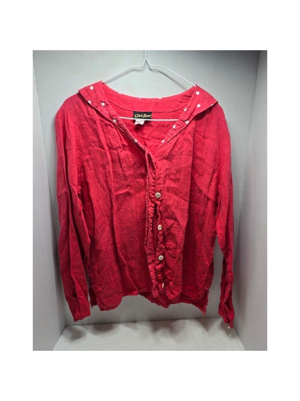 Women's Liz & Jane Red Linen Button Down Shirt with White Polka Dots, Size L